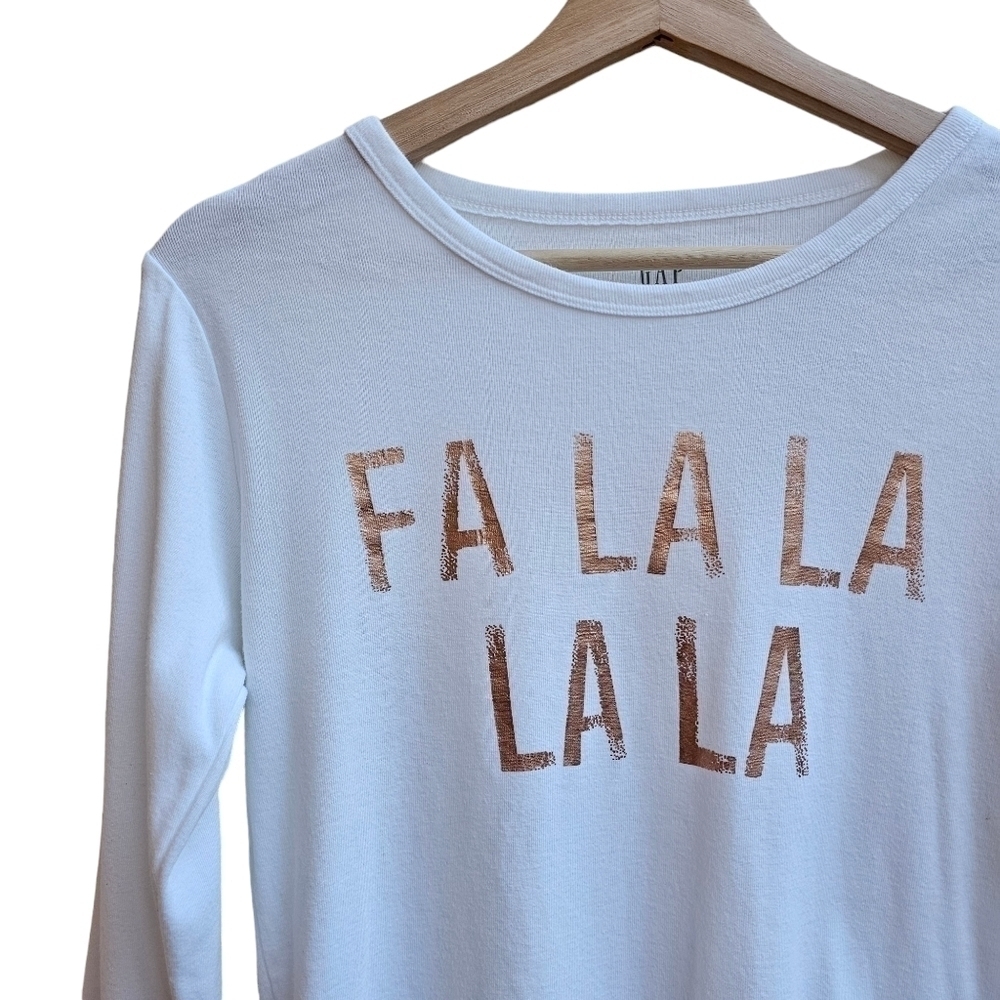 GAP Rose Gold Fa La La La Christmas Graphic Long Sleeve Tee Med Slim Fit Stretch